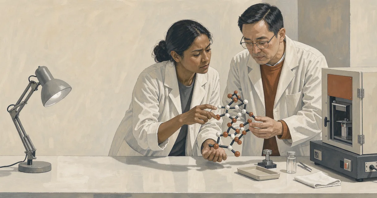 Illustrated crystallography bench with two people examining a physical protein model