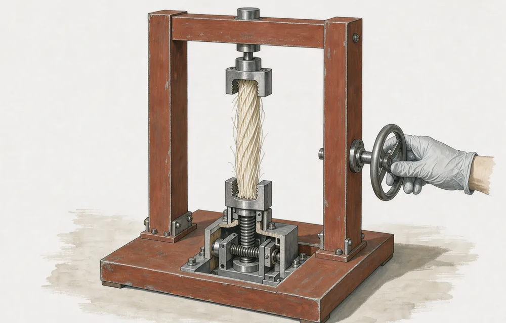 Illustration of a tendon specimen held between mechanical testing grips
