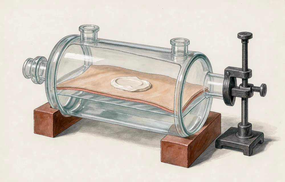 Illustrated glass diffusion chamber holding a thin skin membrane beneath a cream layer